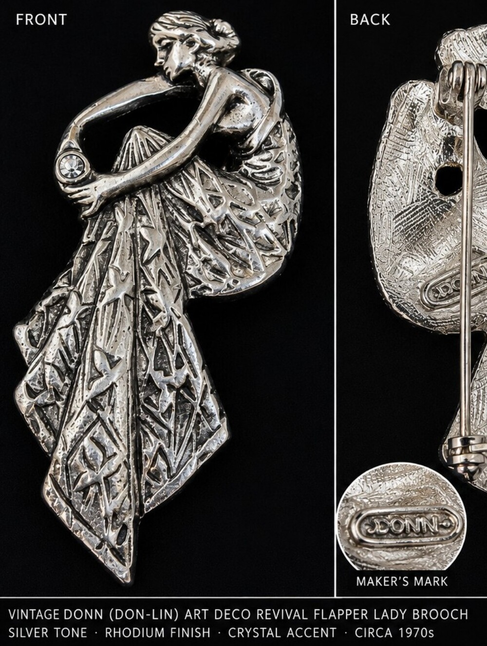 Vintage DONN Don-Lin Figural Lady Brooch Art Deco Revival Flapper Goddess